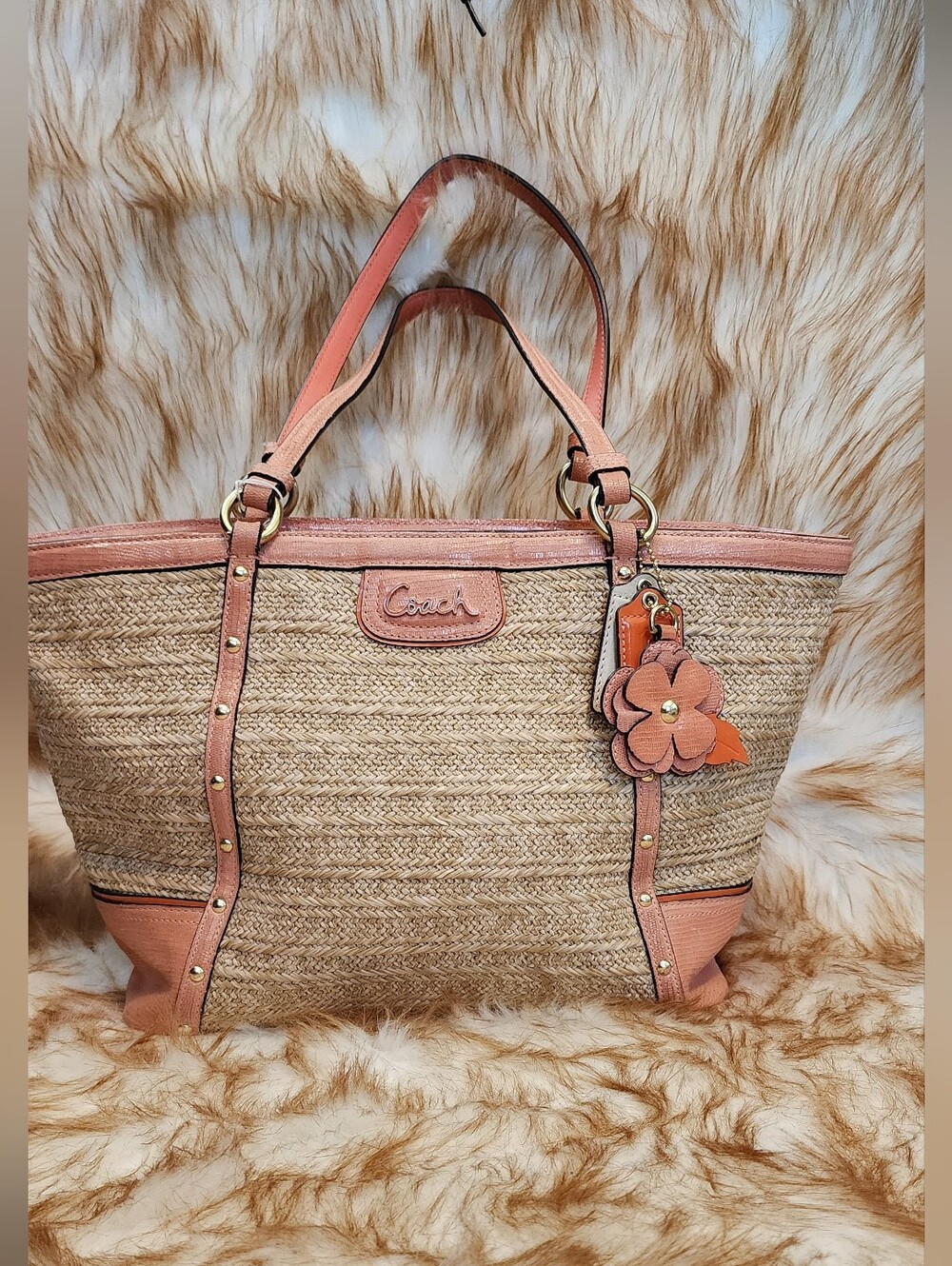 Coach Straw Tote with Pink Leather Trim and Flower Charm